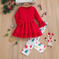 Girls' two-piece christmas outfit: red crewneck top with flared sleeves and printed skirted pants set (suitable for export)