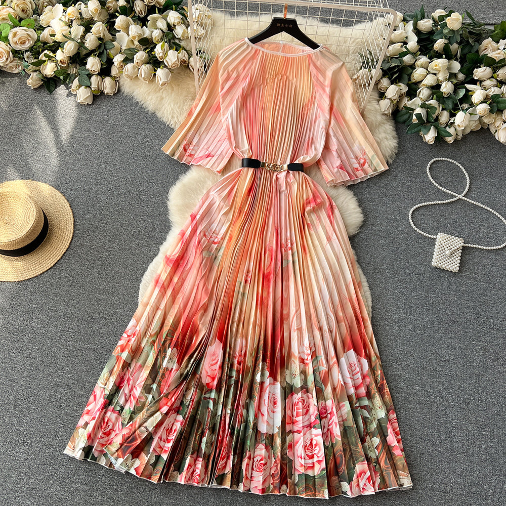 European and american retro court style design printed long dress with heavy pleating, puff sleeves, and pleated skirt - spring collection for women