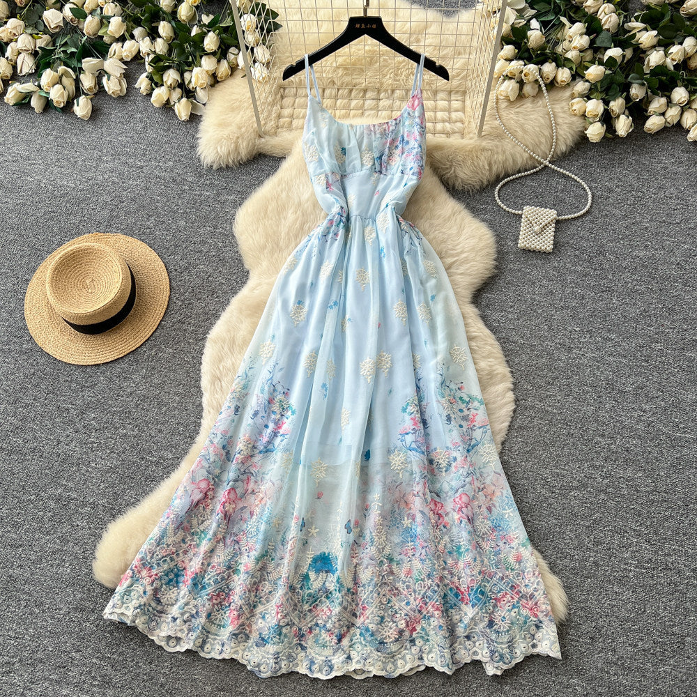 Vacation-style printed cami dress - romantic floral embroidery, korean high-waisted slimming maxi dress for women's summer