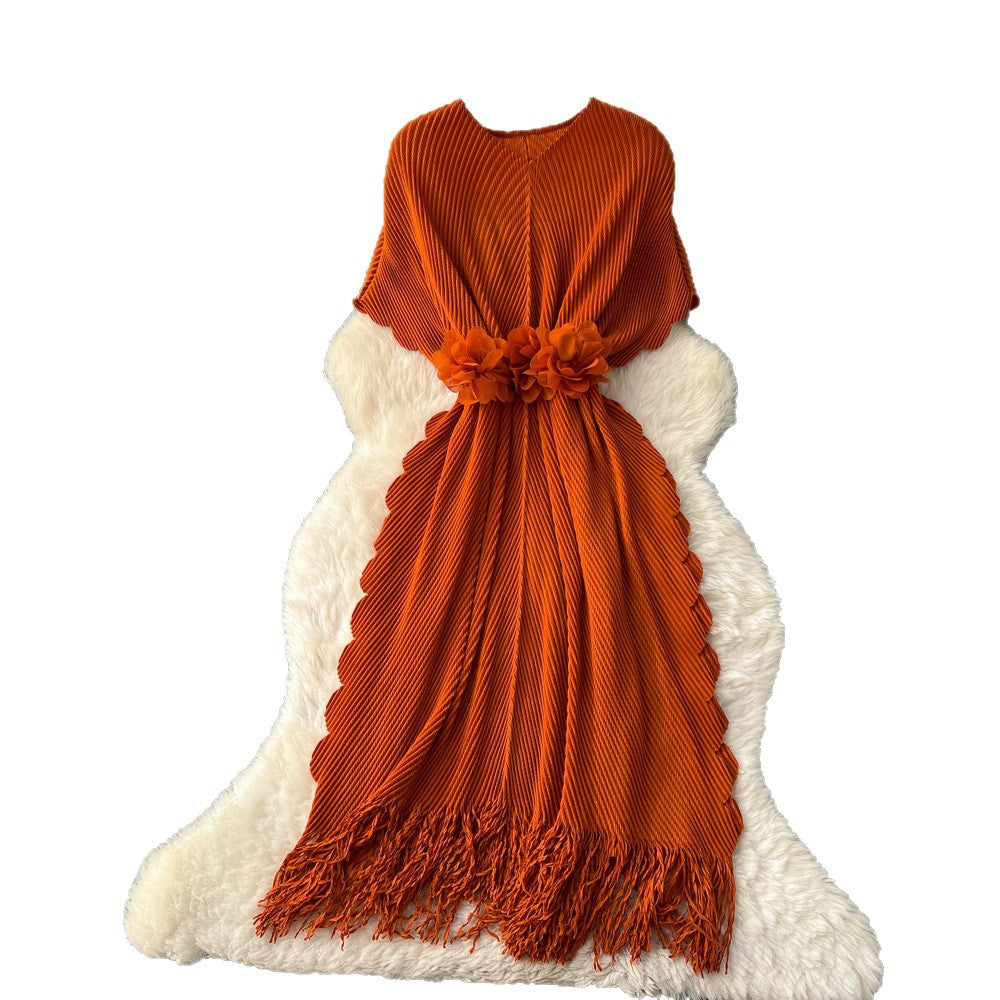 Fashion cross-border miyake pleated dress female v neck waist stereo flower decoration tassel long skirt elegantwork clothing