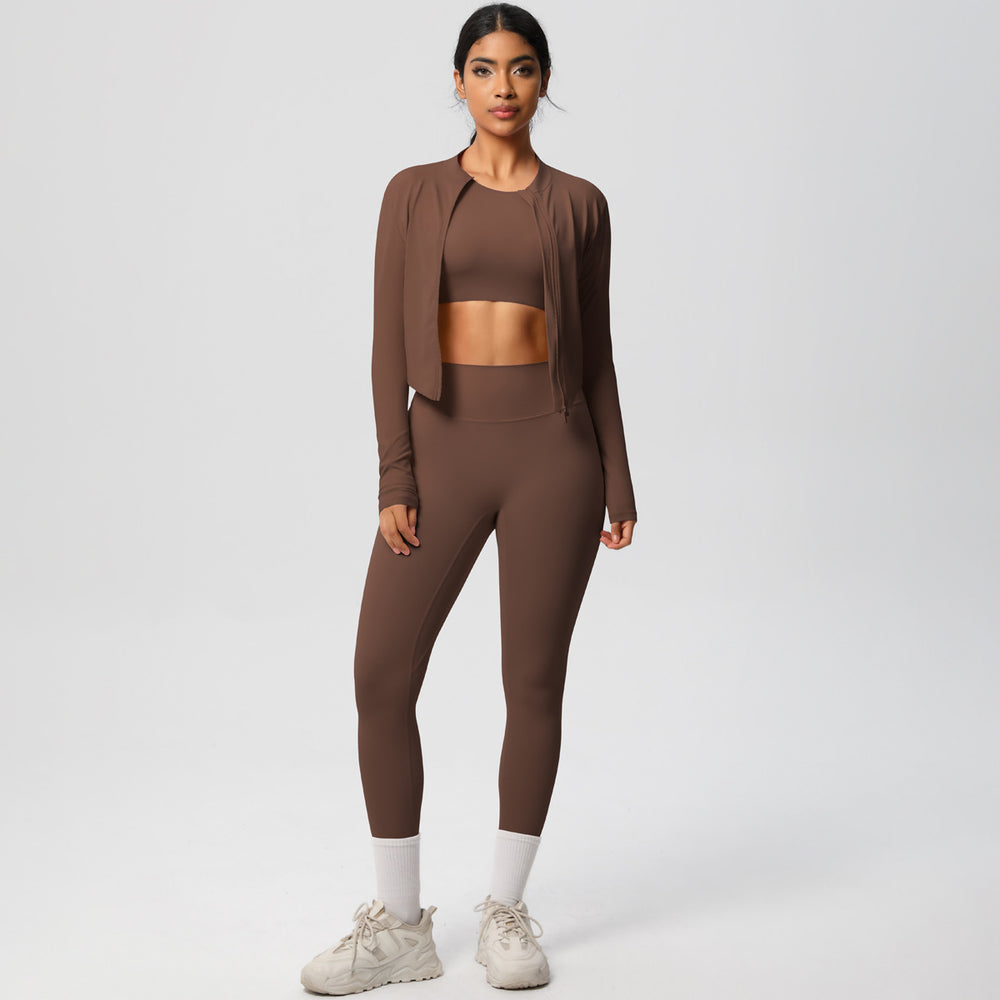 European and american style solid color seamless brushed yoga set - tight-fitting, quick-drying, butt-lifting workout running fitness three-piece set