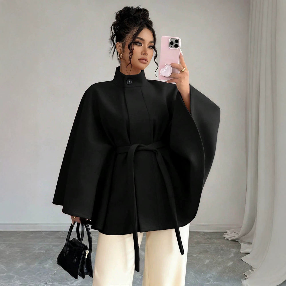 fashion stand collar waist plus sizeshortwoolen cape outwear wide sleeves tie backslimming look