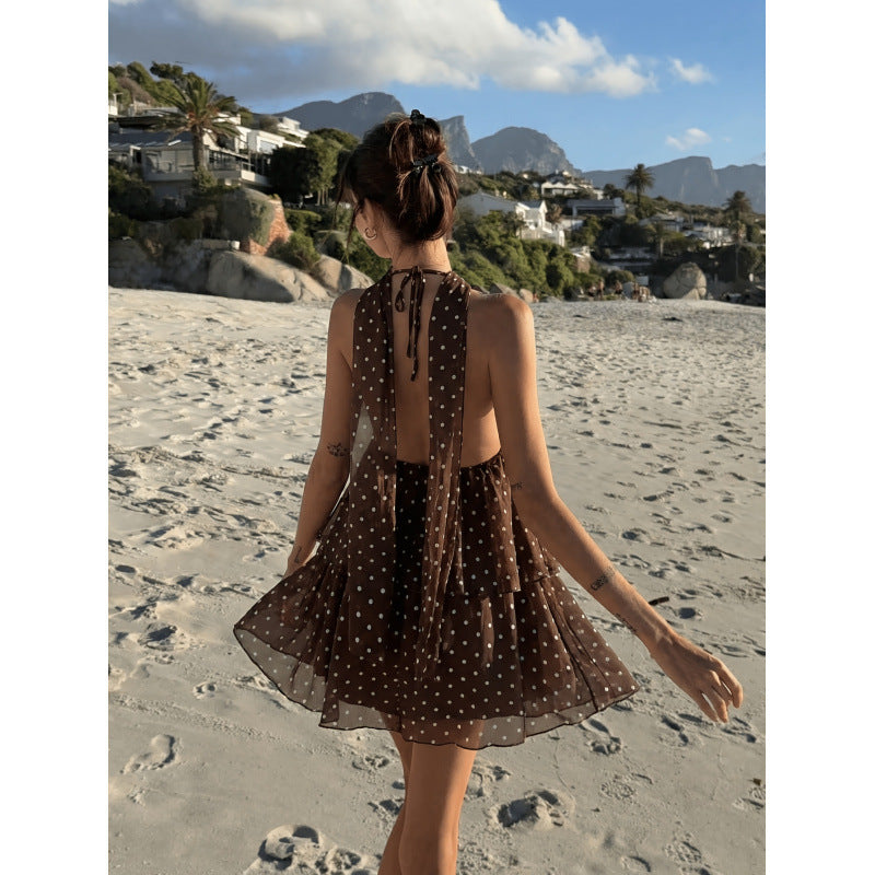 code  independent station  holiday polka dot printing backless haltershortdress