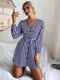 European and american cross-border   new fashion slim-fit v-neck button-down striped long-sleeve ruched women's dress