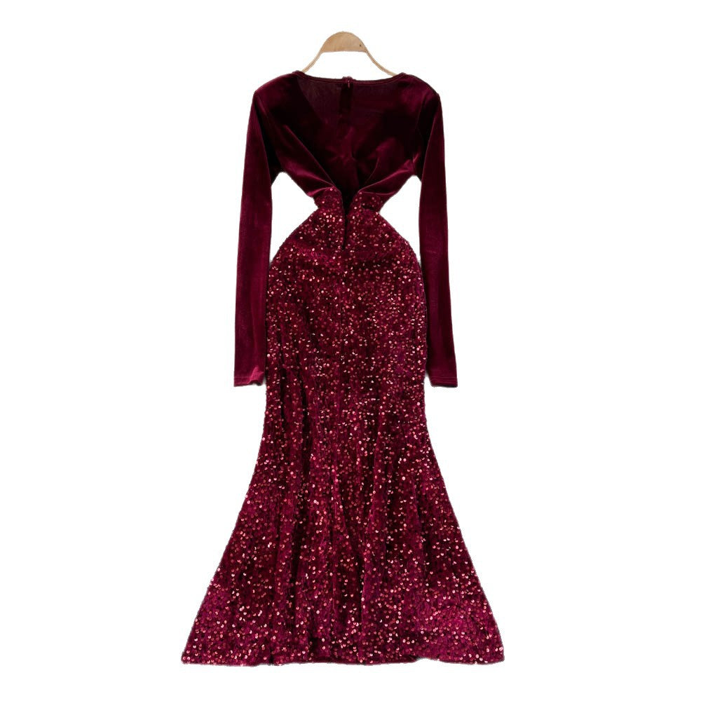 Fashionelegant dinner style black sequindress women's long sleevesv necksilmelegance mermaid dressclassy