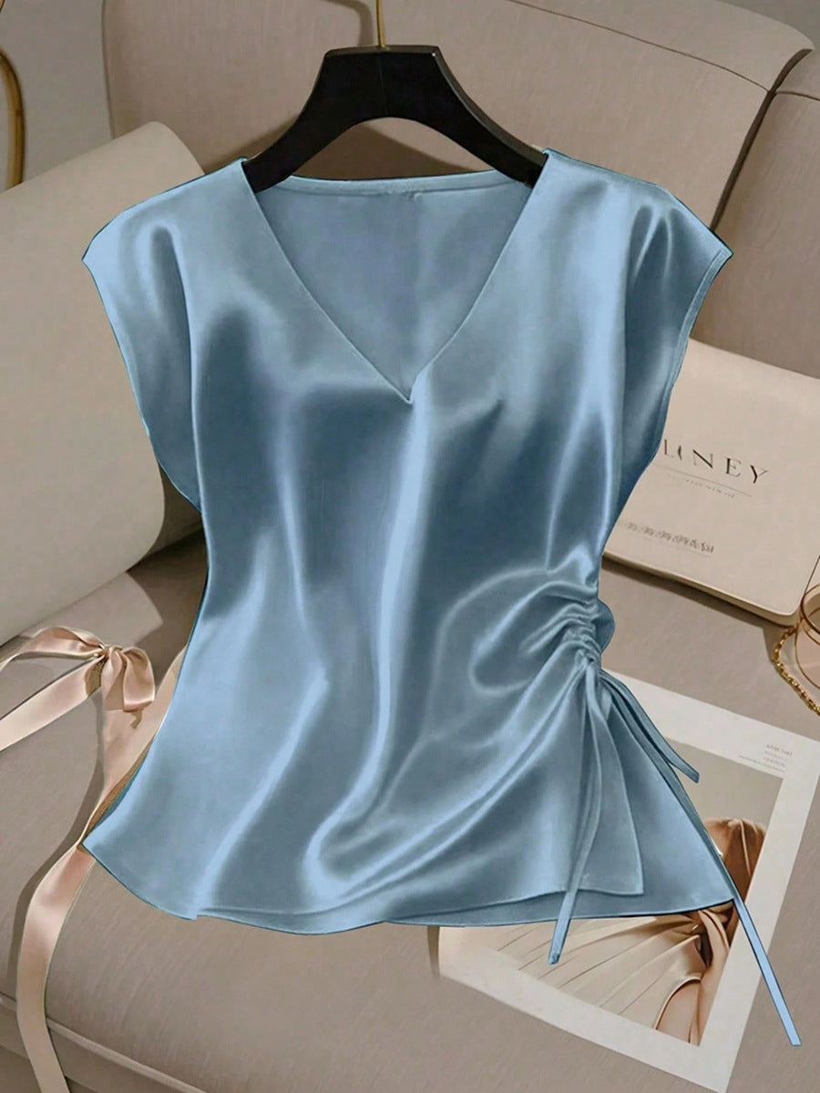 Amazon cross-border fashion independent station women's spring winter new arrival satin shirt v neck drawstring satin tops