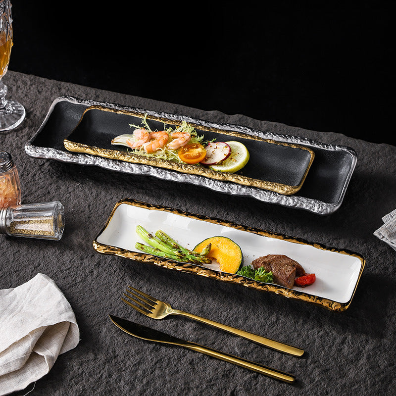 High-end ceramic japanese-style long sushi plate, perfect for showcasing dishes in stylish restaurants and hotels. a visually appealing, elongated serving platter