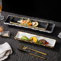 High-end ceramic japanese-style long sushi plate, perfect for showcasing dishes in stylish restaurants and hotels. a visually appealing, elongated serving platter