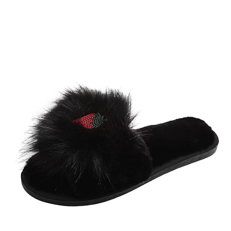 Girls' new rhinestone strawberry furry slippers for home home long hair cotton slippers heattechstuffedthickened openings winter