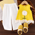 Girls' 3d floral outfit: yellow mesh flower sleeveless tank top & white wide-leg pants - fresh summer style
