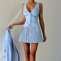 European and american cross-border  fashion two-piece set: women's v-neck single-breasted vest top and pleated mini skirt