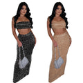 C7222 cross-border   fashion women's sexy bandeau hotfix rhinestone bodycon maxi dress two-piece set