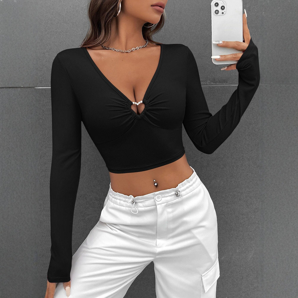 women's new black v-neck cut outlong sleeves t-shirt waist slimming look waist sexy hot girl style tops