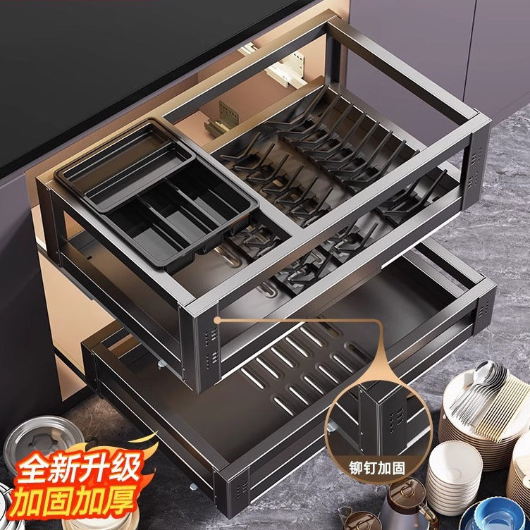 Pull Basket Kitchen Cabinet 304 Stainless Steel Double Layer Bowl Basket Drawer Type Seasoning Storage Dishes and Dishes Built-in Bowl Rack