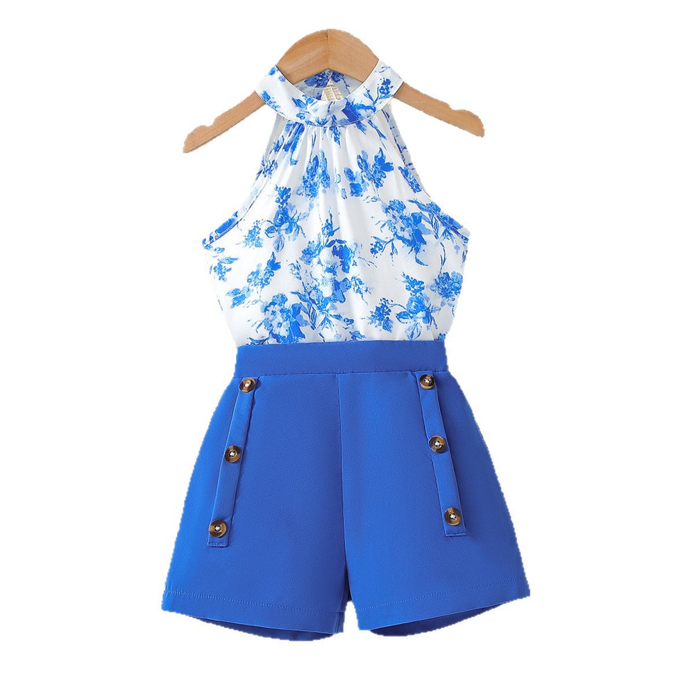 Summer kids' sleeveless halter top and floral print blue suit shorts two-piece set for girls (export)