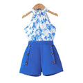 Summer kids' sleeveless halter top and floral print blue suit shorts two-piece set for girls (export)