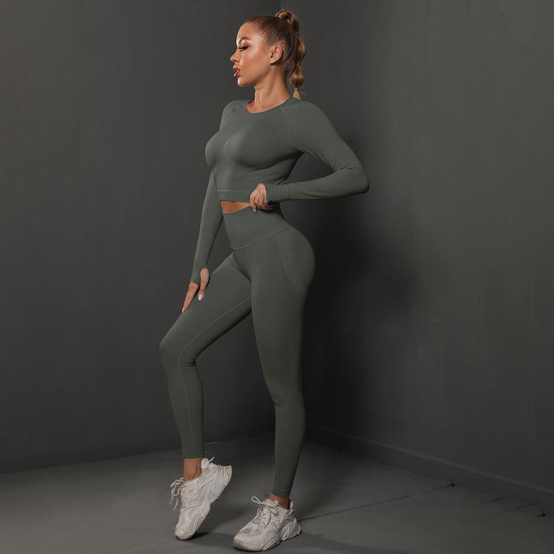 New solid color knitted peach lift tight yoga leggings set - seamless fitness activewear for women, perfect for running and yoga