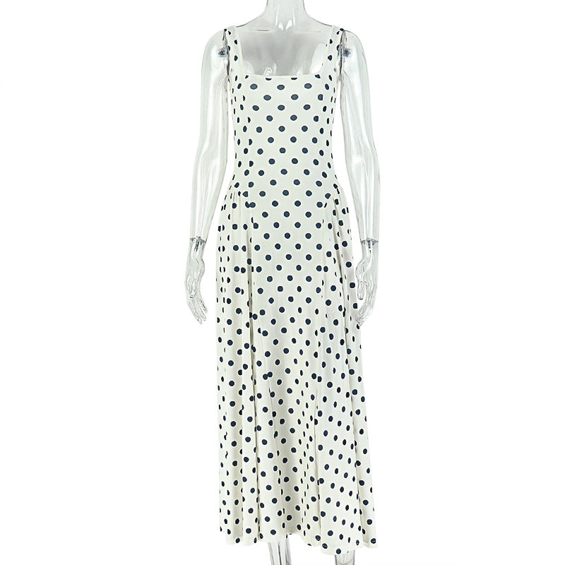 European and american style ins cross-border slimming lookcasual women's waist polka dot a-line skirt round neck sleeveless outing suspender dress