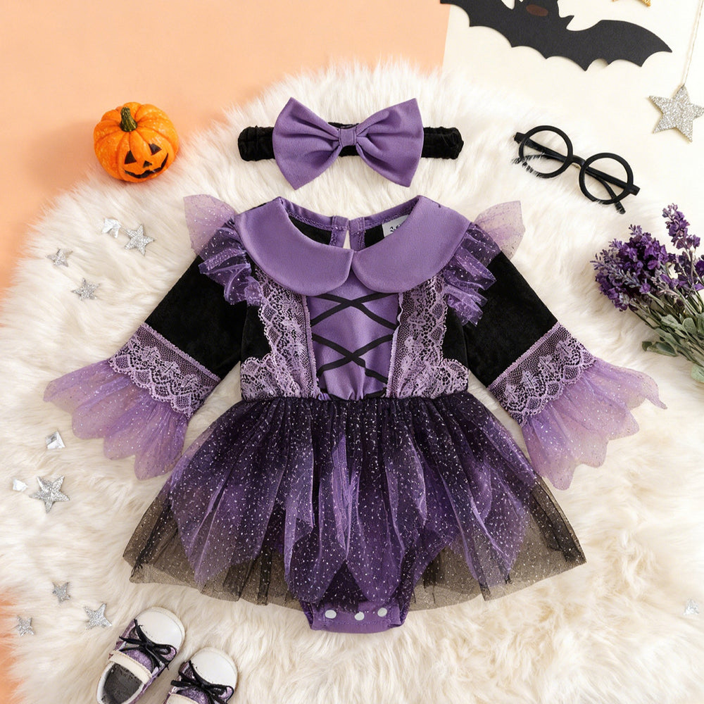 Baby girl halloween witch cosplay patchwork purple mesh romper