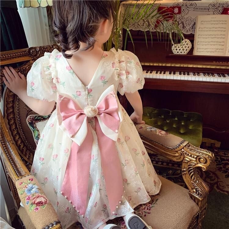 Girls' princess dress summer outfit  new style chic children's floral dress little girl bowknot puff sleeve dress