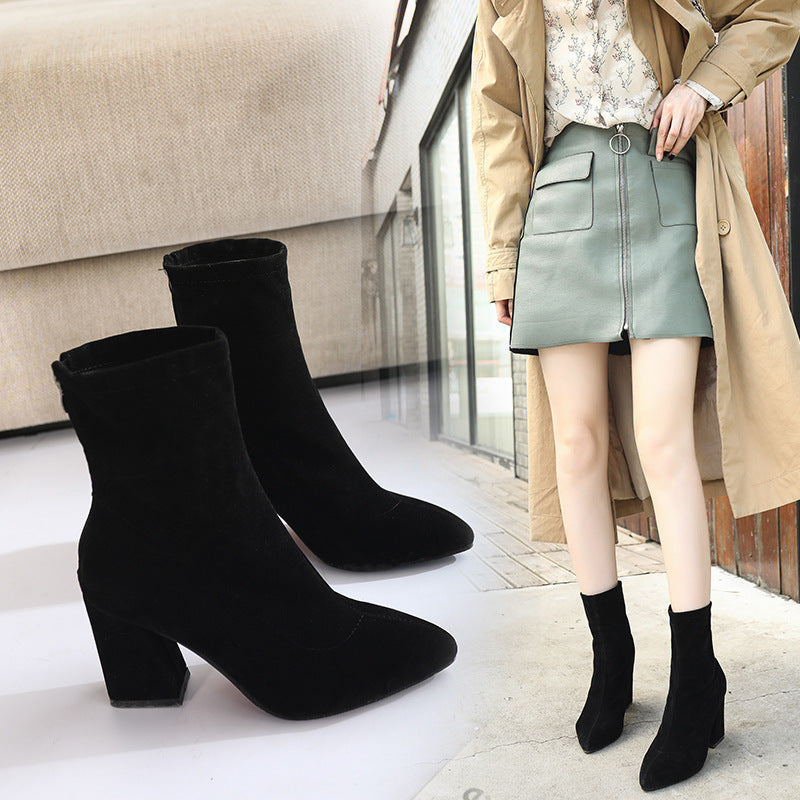 Women's boots: new korean style 2025 autumn/winter mid-calf pointed-toe chunky heel ankle boots, women's high heel elastic boots