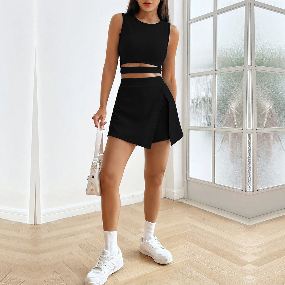 Export cross-border european and american clothing cropped navel exposed silm sleeveless knitting vest high waist elastic culottes fashionsuit