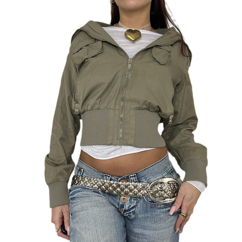 European and American  women's clothing retro jacket zipper turtleneck cardigan threaded waist long-sleeved jacket Spice girl woven top