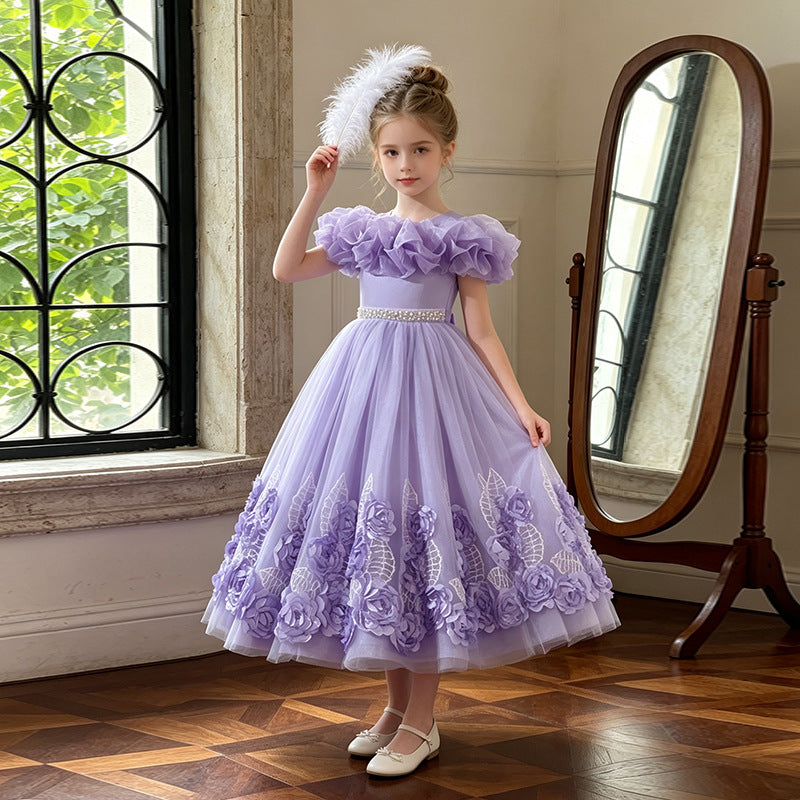new arrivallonggirl dress stereo applique tutu tulle kids birthday princess dress flower girl wedding dress