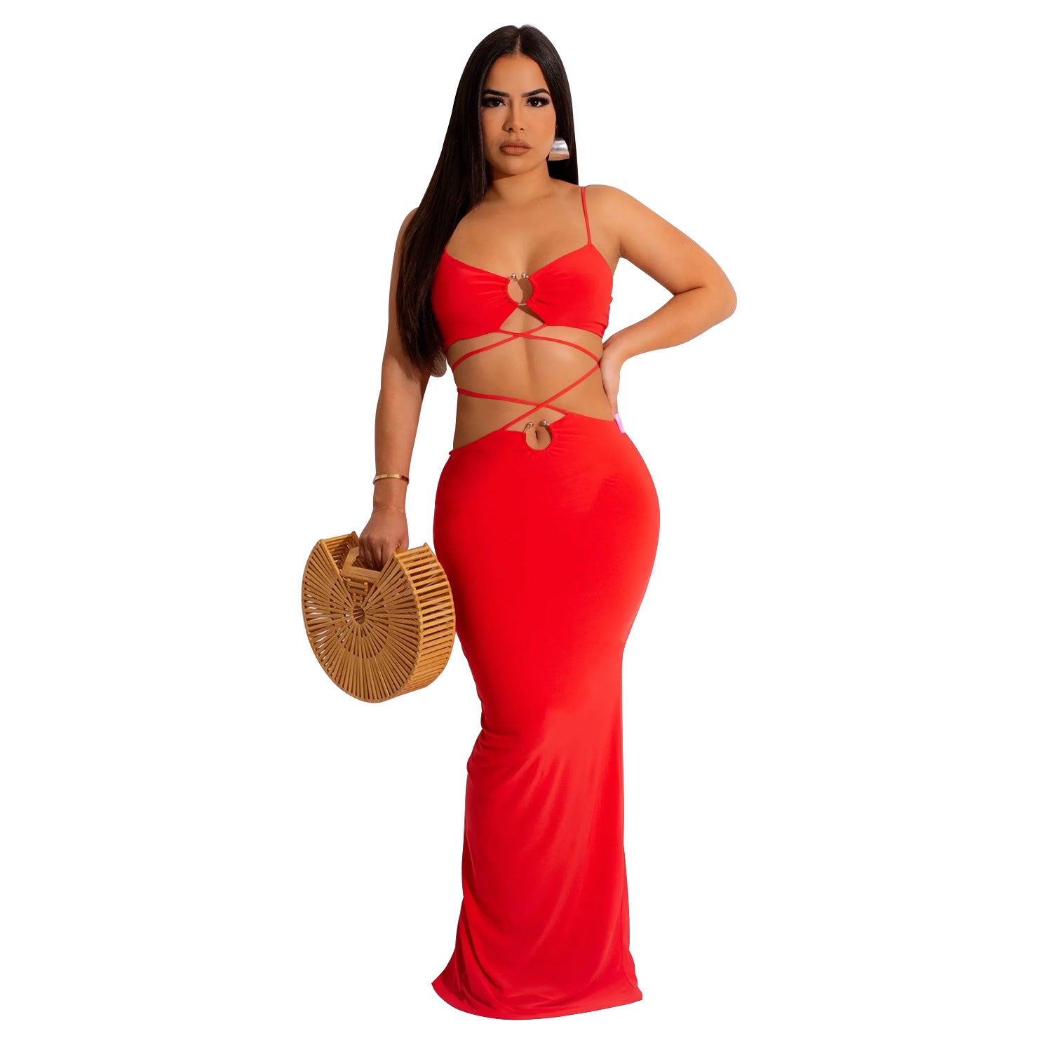 C6309 Cross-border   European and American fashion women's clothing solid color strap iron ring sleeveless long dress dress