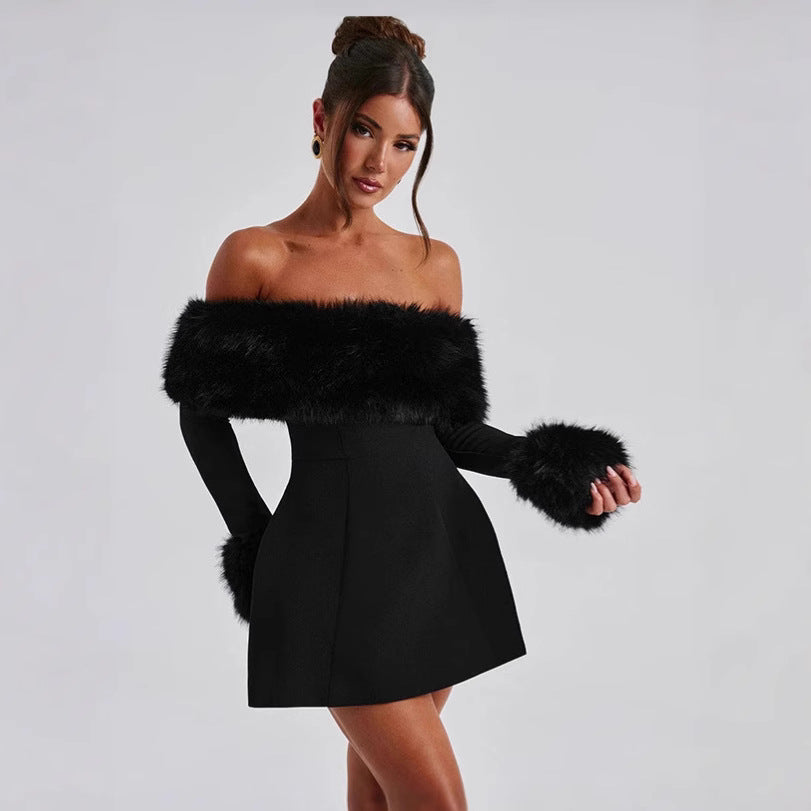 European and american  fall/winter new arrival: cross-border women's fashionable, elegant, and sexy shearling collar off-the-shoulder slim-fit a-line dress