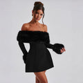 European and american  fall/winter new arrival: cross-border women's fashionable, elegant, and sexy shearling collar off-the-shoulder slim-fit a-line dress