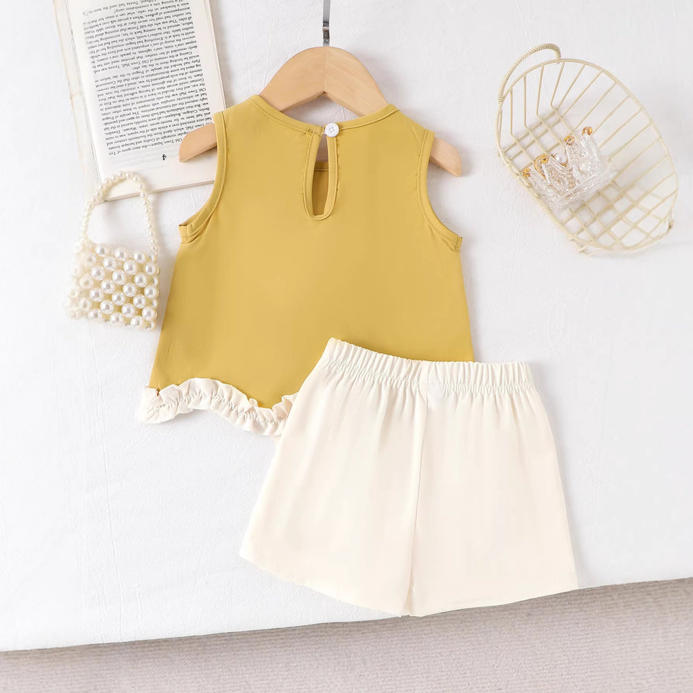 Girls'  summer new arrival: yellow 3d floral sleeveless high-end lace skirt and shorts two-piece set