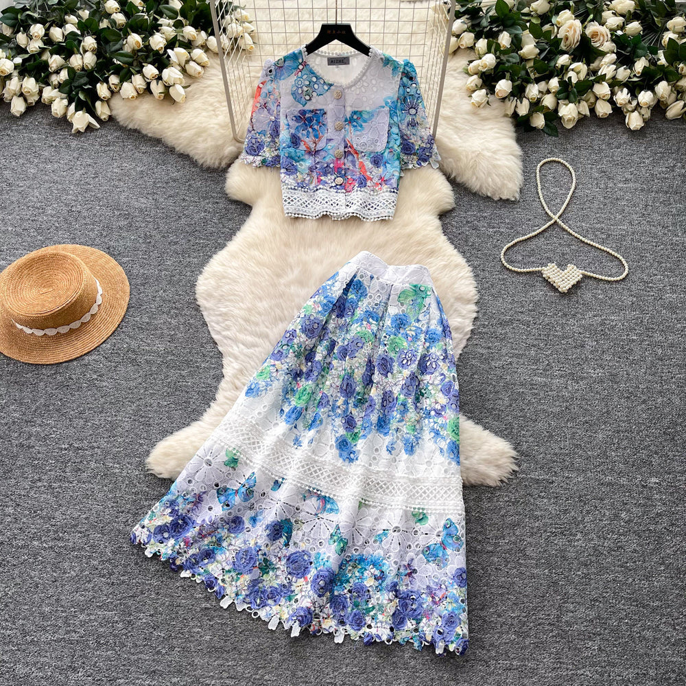 French chic lace print two-piece set: women's summer short-sleeve, designer-inspired, age-defying, slimming, and commute-friendly skirt suit