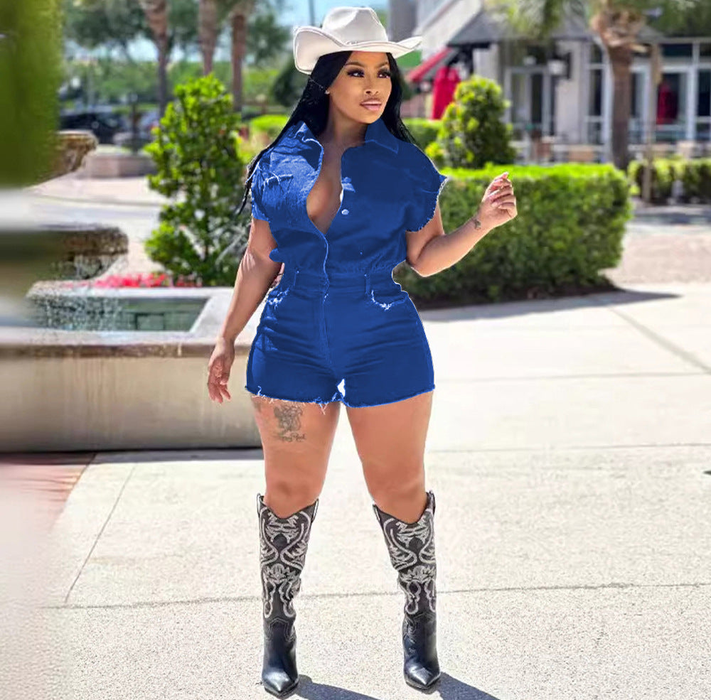 European and american style women's elastic waist jumpsuit -  cross-border women's summer streetwear sexy stretch denim romper