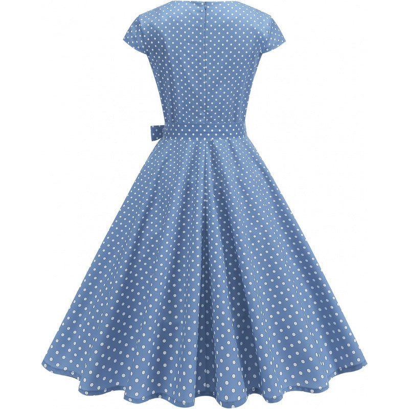 Amazon fashion retro polka dot short sleeve v neckdresssummernew arrivalstrap slimming look skirt