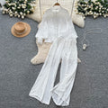 French court style chic lace patchwork pearl button lantern sleeve blouse and high-waisted wide leg casual pants set