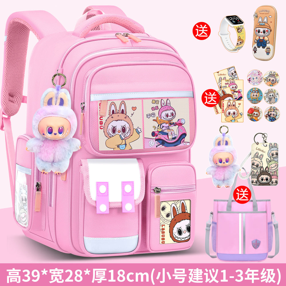 2026 new labubu backpack for girls, elementary school students grades 1-6, boys' lightweight kids' backpack, spine protection, and weight reduction