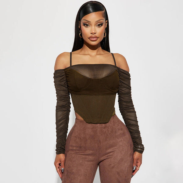 Women's Sexy Mesh Perspective One-Word Neck Suspender Long Sleeve Irregular Waist Slim Top T-Shirt Women