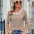 European and american cross-border e-commerce women's summer  striped knit t-shirt short sleeve ice silk color block british preppy style