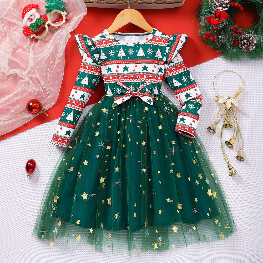 Kids' long-sleeve crewneck dress with fish scale mesh detail - christmas green