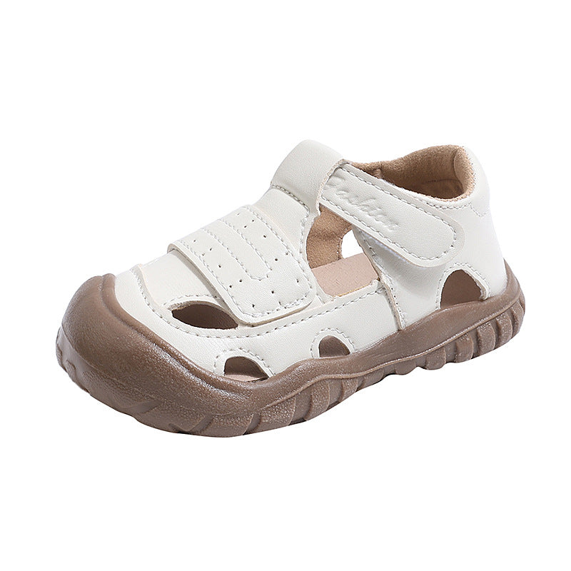 Kids' hollow-out breathable sandals, anti-collision soft sole, non-slip first walker shoes, summer closed-toe anti-kick shoes for boys and girls, ages 1-4