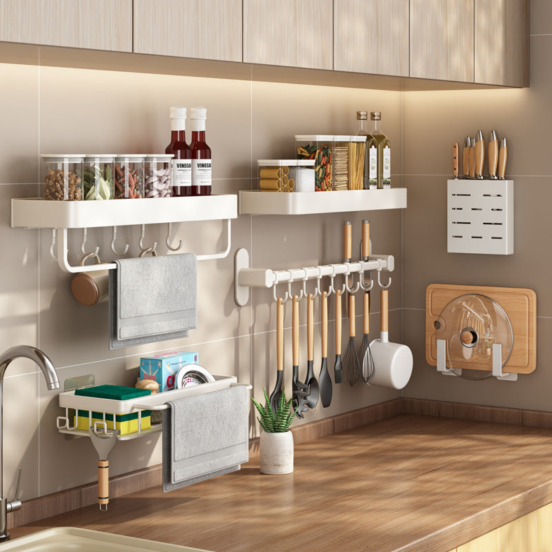 White Kitchen Shelf Wall Mounted No Punching Household Knife Holder Seasoning Cutting Board Cutting Board Storage Seasoning Shelf