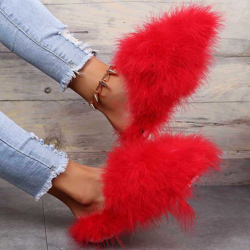 plus size indoor and outdoor fur slippers for women 2024 internet celebrity real fur toe cap for home office stuffed slippers for women