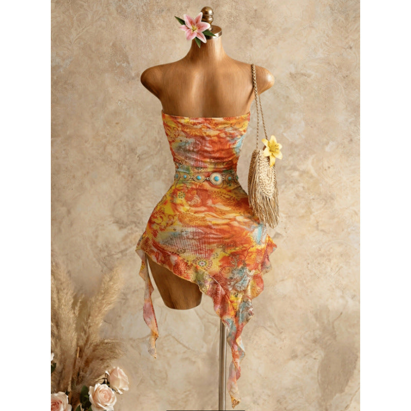 Women's summer vacation sexy printed ruffle asymmetrical hem mini dress (waist chain and accessories not included)