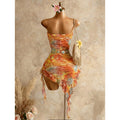 Women's summer vacation sexy printed ruffle asymmetrical hem mini dress (waist chain and accessories not included)