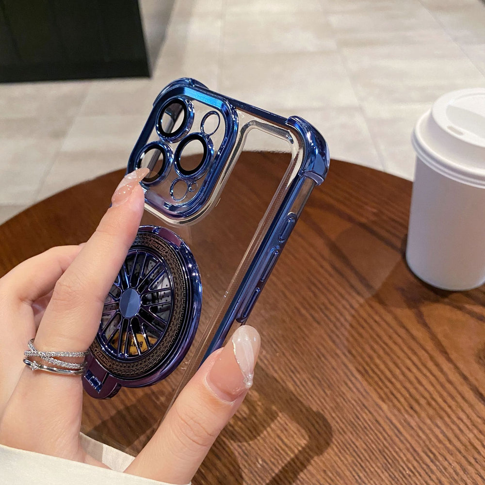Acrylic four-corner anti-drop phone case for iphone 16, creative gyro rotating stand, compatible with apple 17 pro max