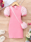 Kids' lightweight bubble sleeve short-sleeve crew neck solid color dress with bubble detail