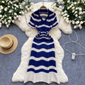 Luxury striped knit dress for women - summer v-neck, hollow-out, lightweight, breathable, slim-fit, designer maxi dress