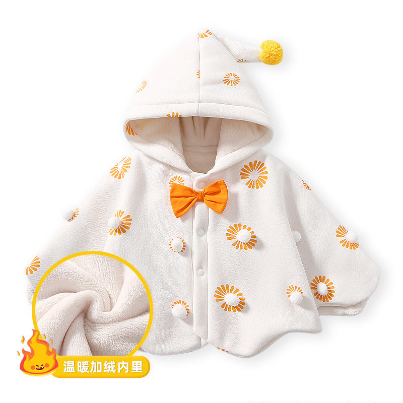 Baby outing cape, girls' winter hooded coat, children's windproof fleece-lined swaddle blanket, korean style princess autumn/winter collection