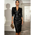new european and american style fashion v-neck long sleeve fitted leather dress for independent online stores